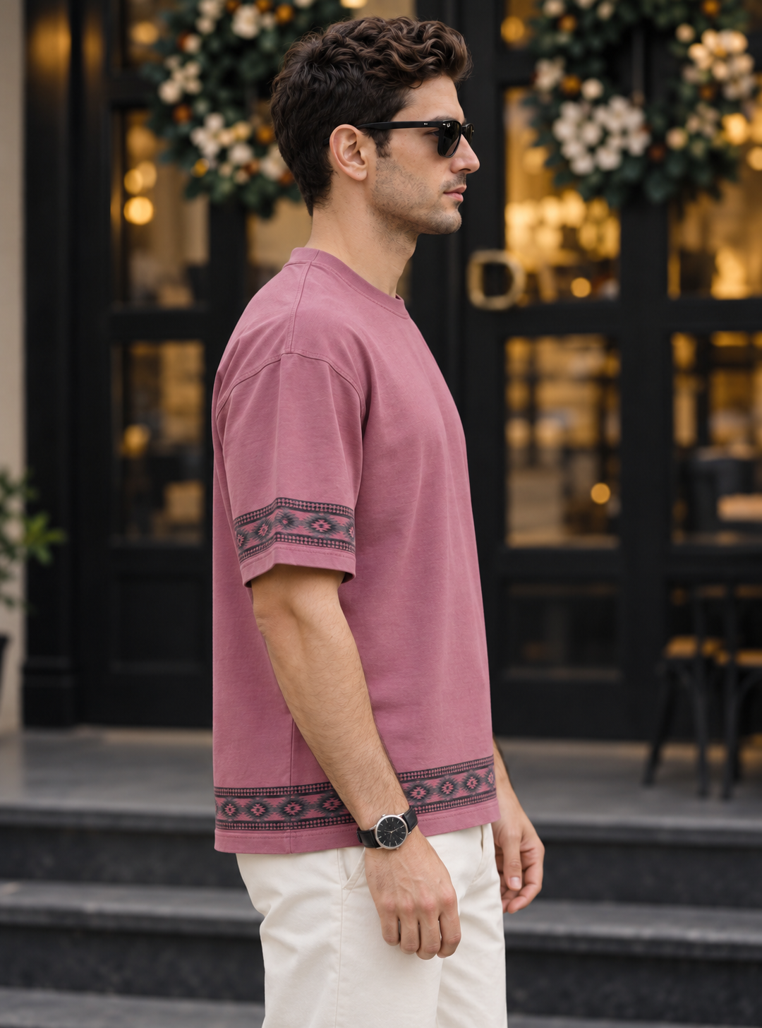 Drop-Shoulder Tee with Geometric Band - Red