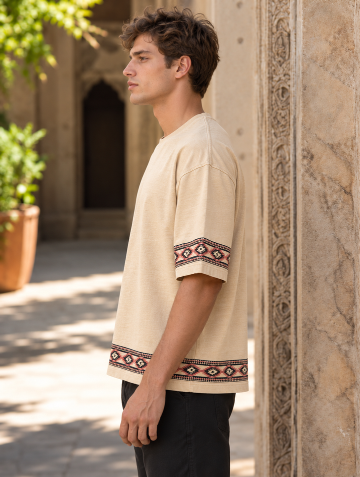 Drop-Shoulder Tee with Geometric Band - Beige