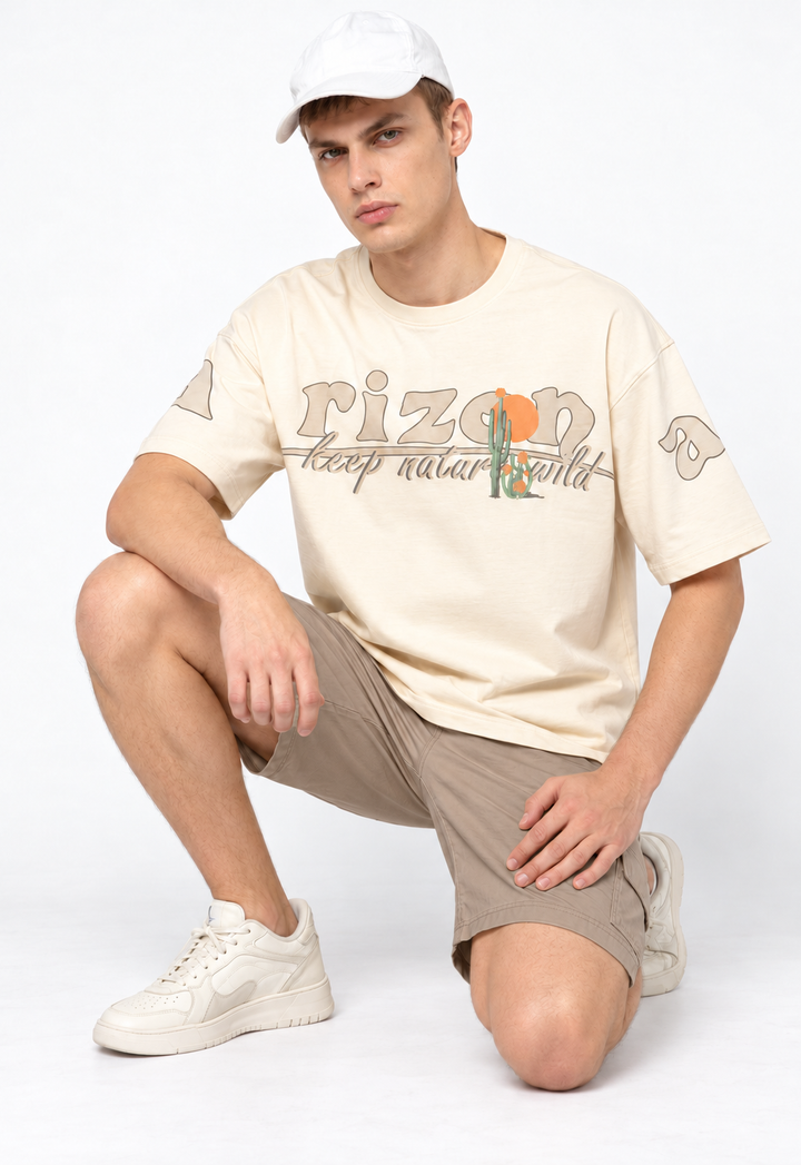 Graphic Drop Shoulder T-Shirt - Beige