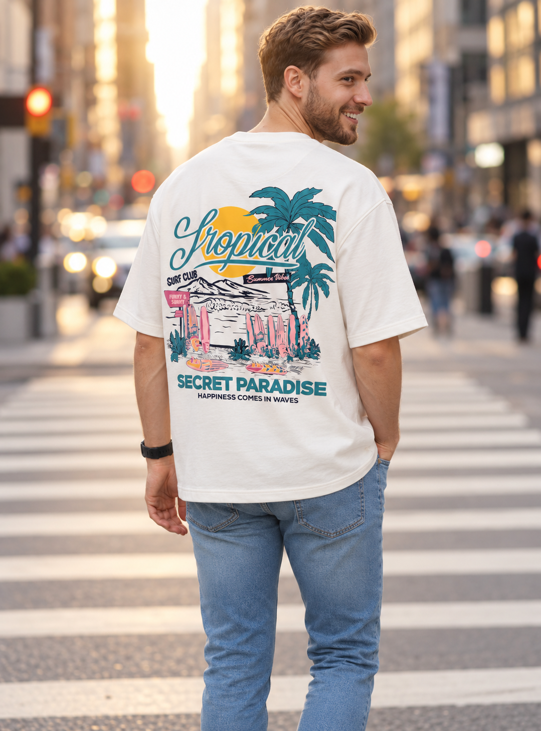 Graphic Drop Shoulder  T-Shirt – Off White