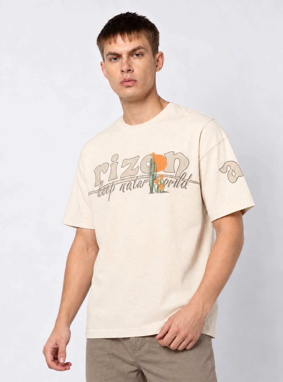 Graphic Drop Shoulder T-Shirt - Beige