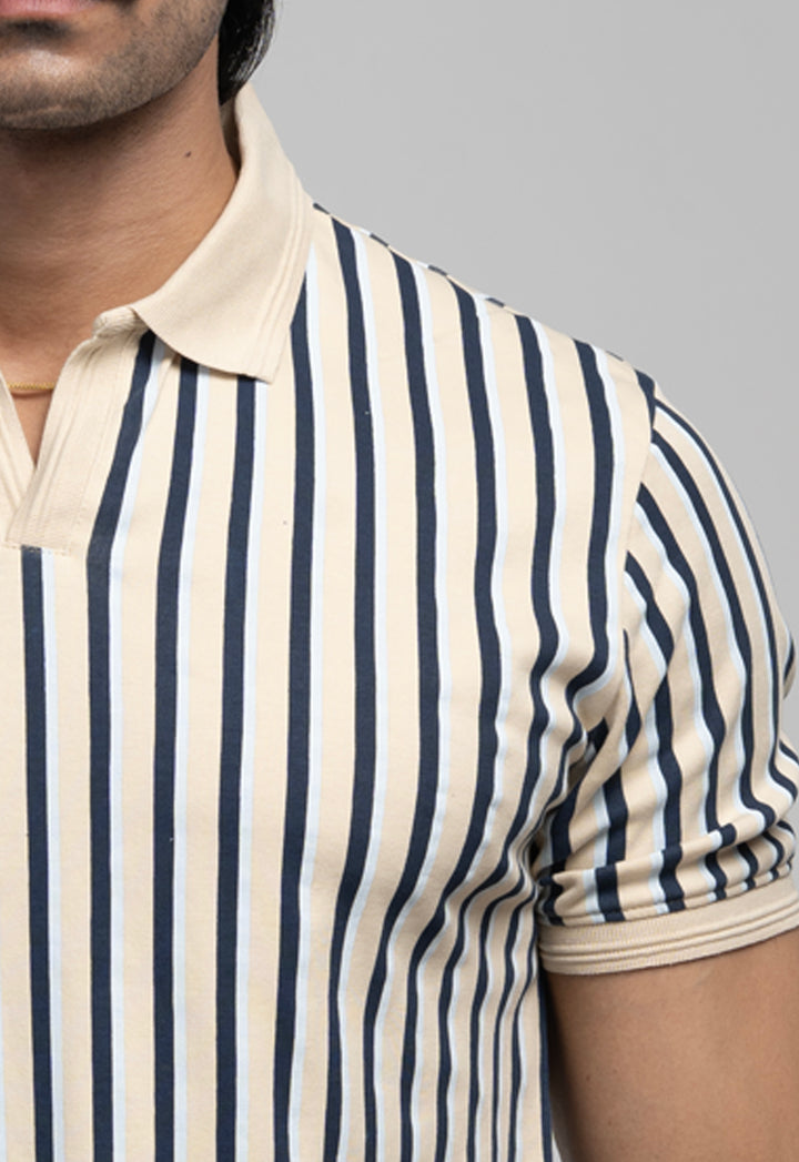 Vintage-Striped Polo Shirt – Beige
